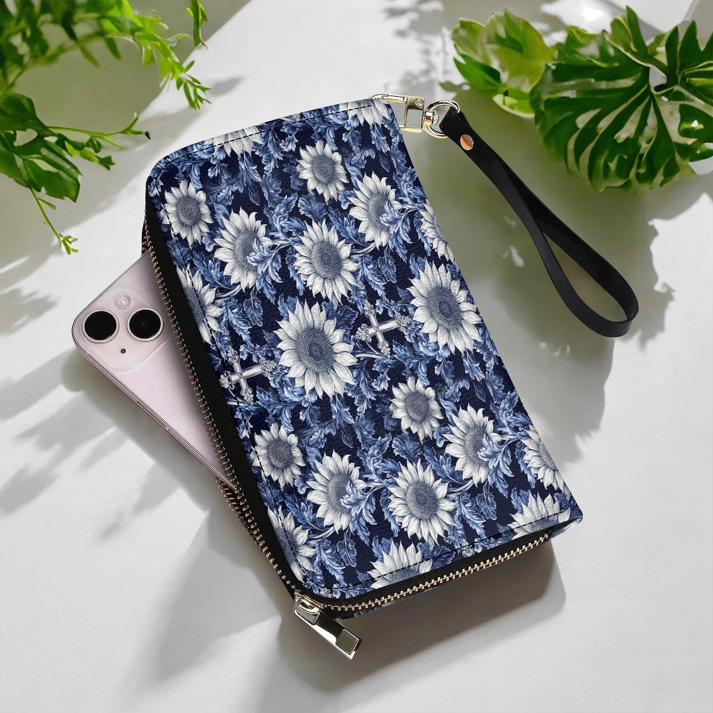 Shineful Leather Clutch Purse With Wristlet Strap Handle Midnight Blue Sunflower Cross