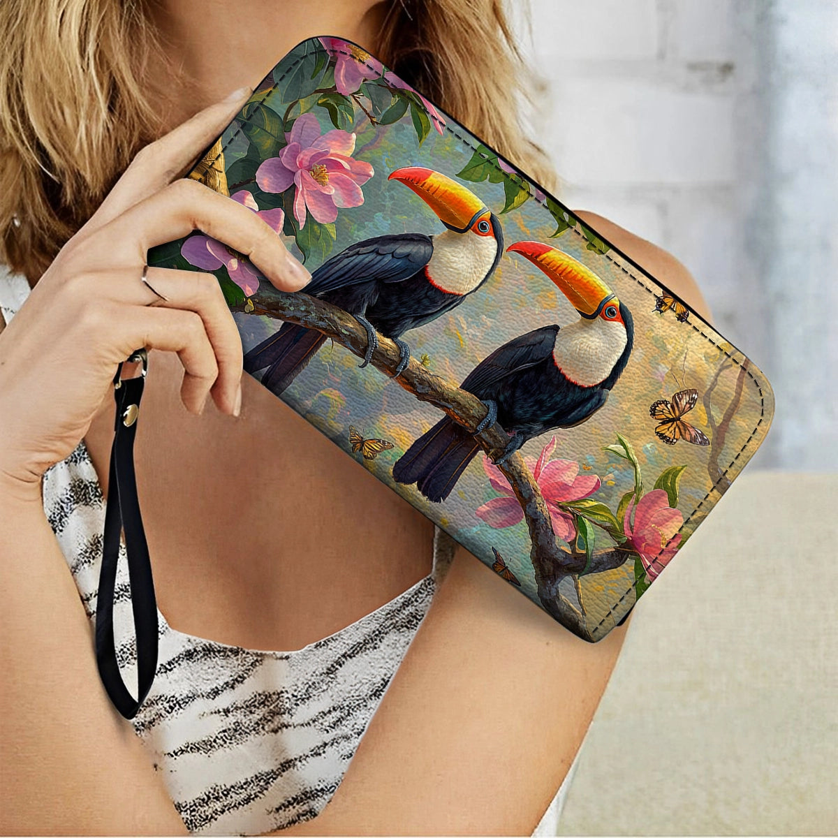 Shineful Leather Clutch Purse With Wristlet Strap Handle Tropical Toucan