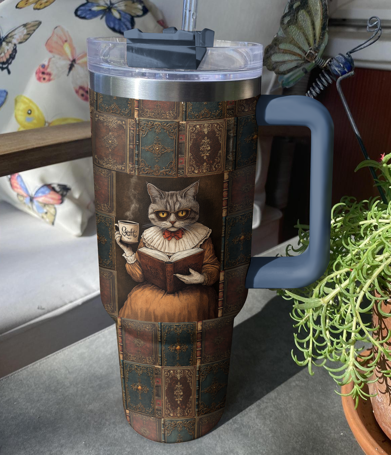 Shineful Tumbler Vintage Bookish Cat