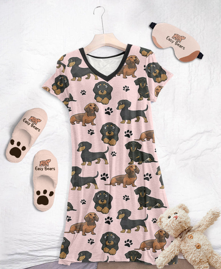 Dachshund PajabearsĀ® V-Neck Nightshirts 03 Hg23 S / Soft Pink
