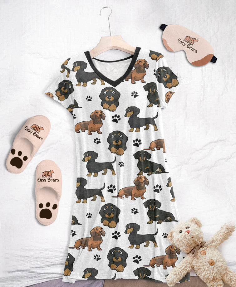 Dachshund PajabearsĀ® V-Neck Nightshirts 03 Hg23 S / White