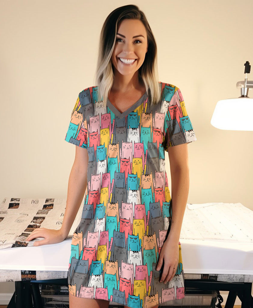 Cat PajabearsĀ® V-Neck Nightshirts Press Color Cats Tl10 S / C01