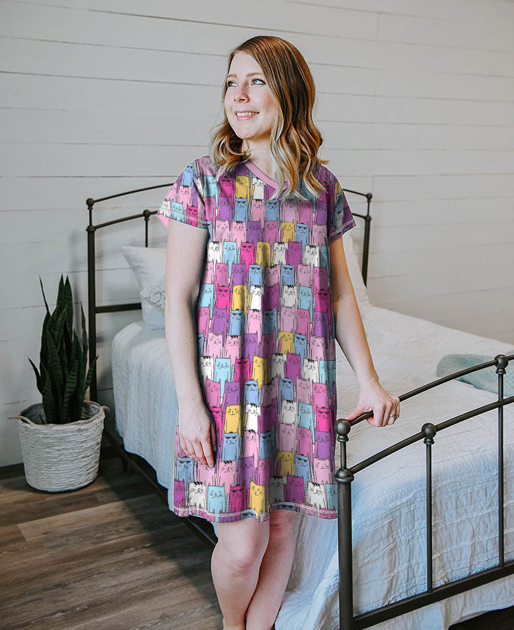Cat PajabearsĀ® V-Neck Nightshirts Press Color Cats Tl10 S / C02