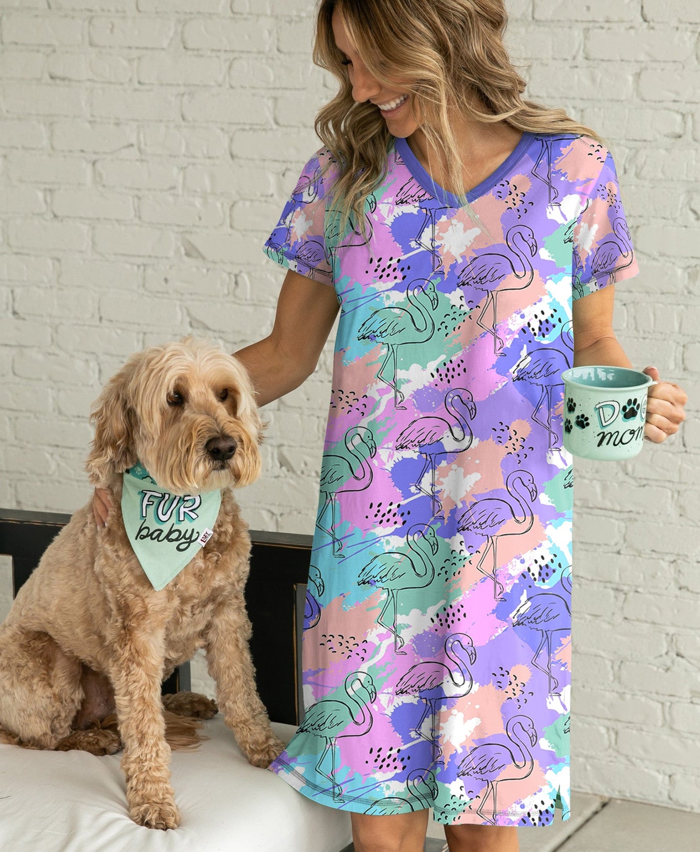 Flamingo Pajabears® V-Neck Nightshirts Tropical Flamingos Tn22