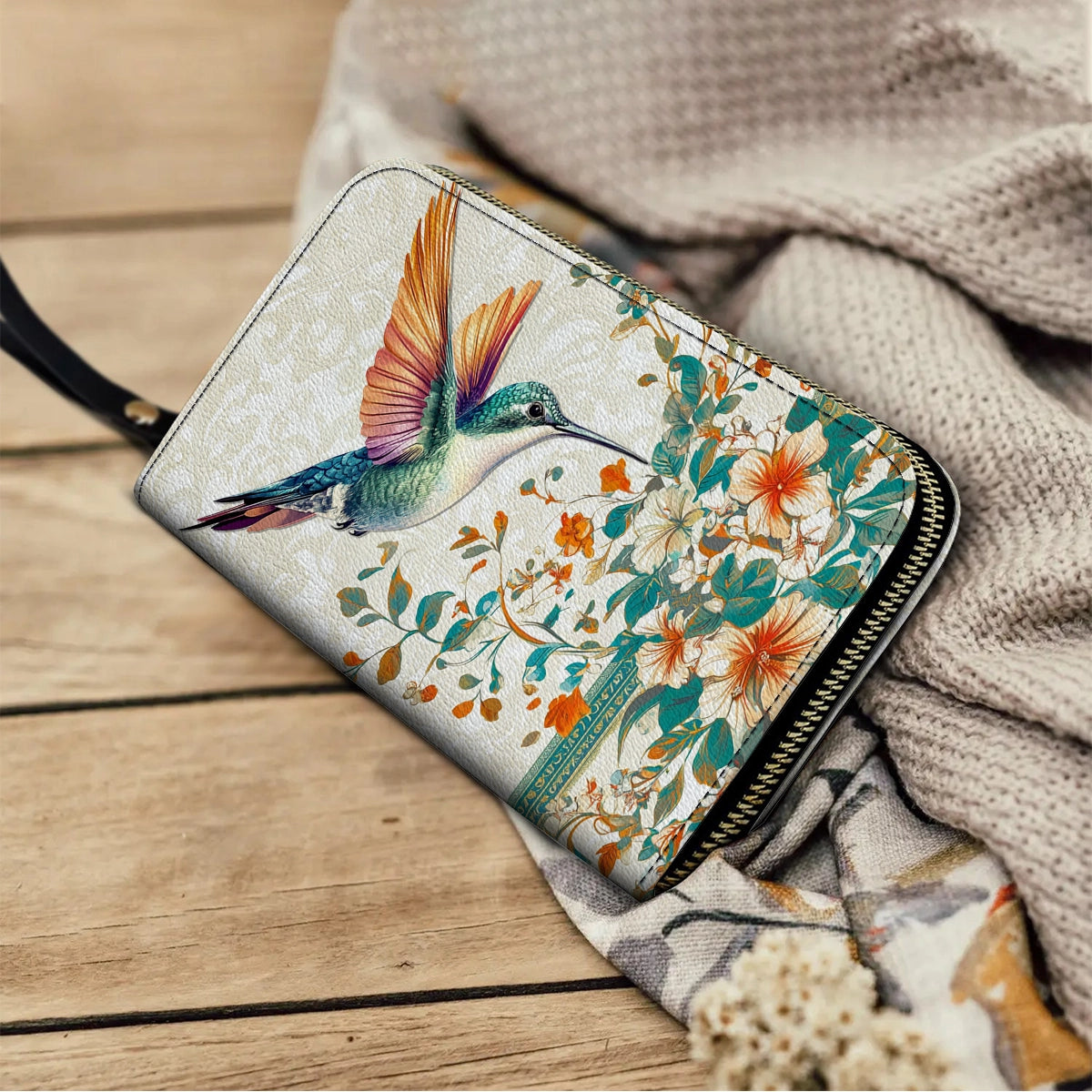 Shineful Leather Clutch Purse With Wristlet Strap Handle Hummingbird Harmony