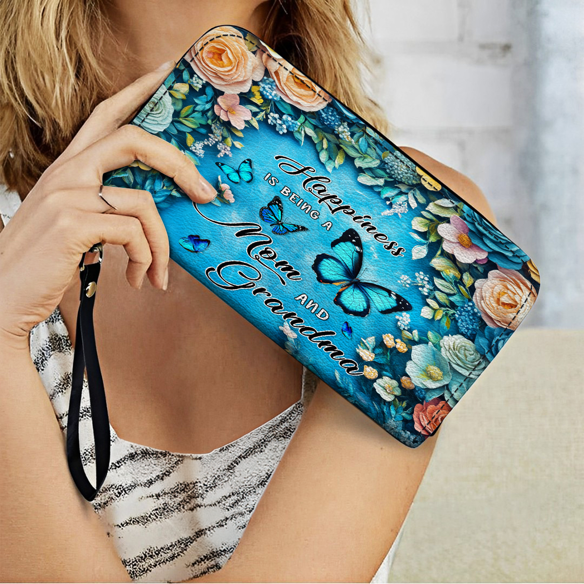 Shineful Leather Clutch Purse With Wristlet Strap Handle Wings of Love