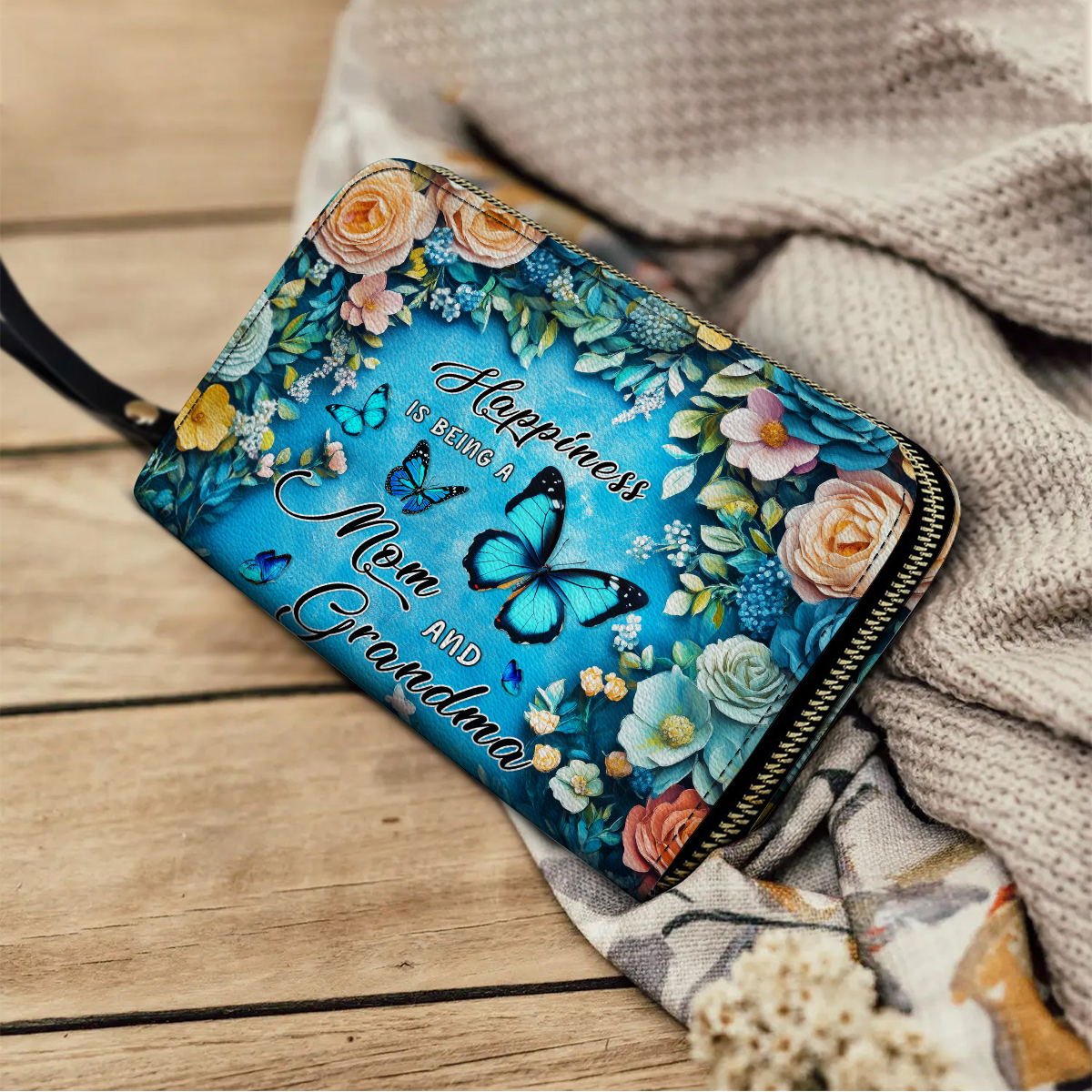 Shineful Leather Clutch Purse With Wristlet Strap Handle Wings of Love