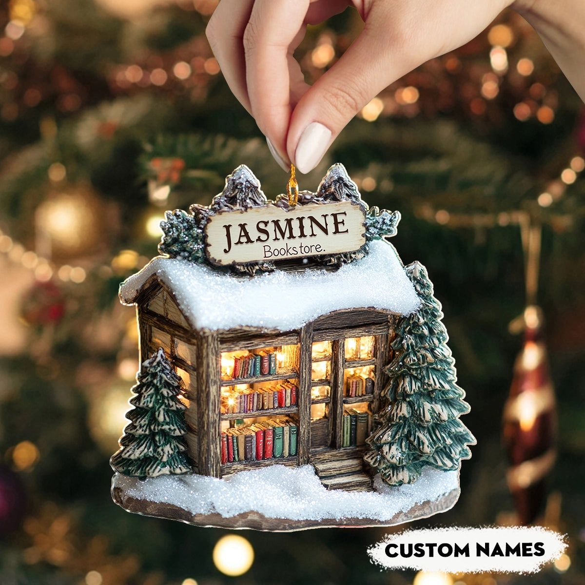 Shineful 2D Acrylic Ornament Personalized Winter Wonderland Bookstore