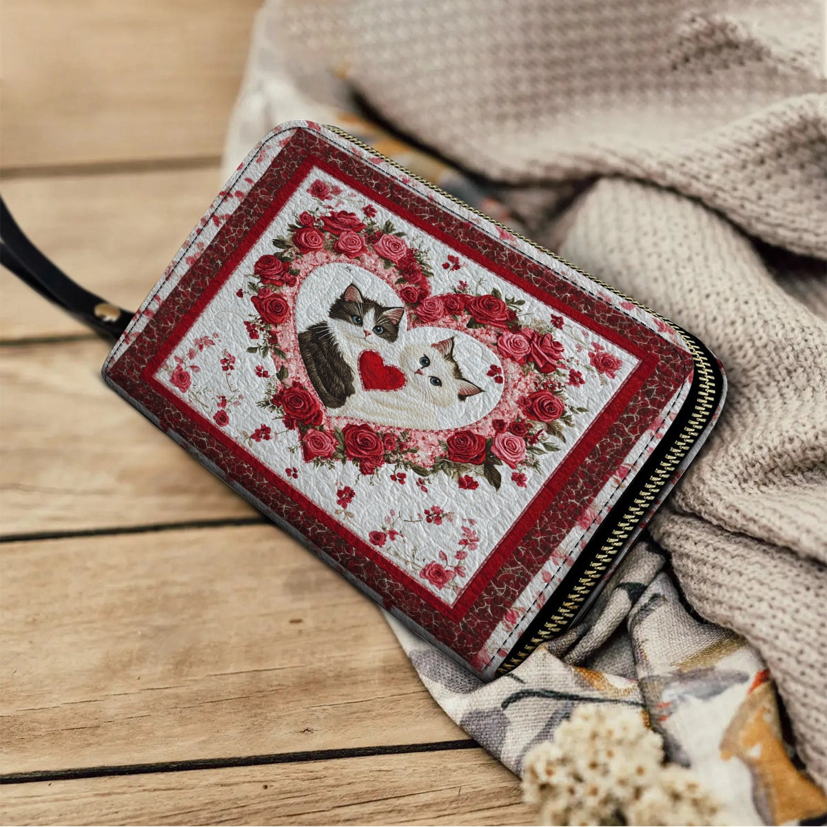 Shineful Leather Clutch Purse With Wristlet Strap Handle Feline Heart Charm