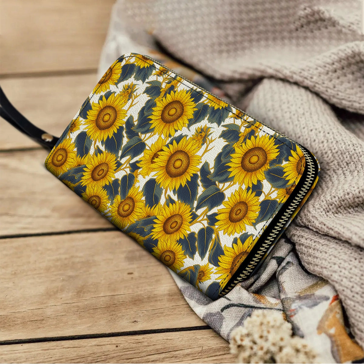 Shineful Leather Clutch Purse With Wristlet Strap Handle Sunflower Bold Bloom