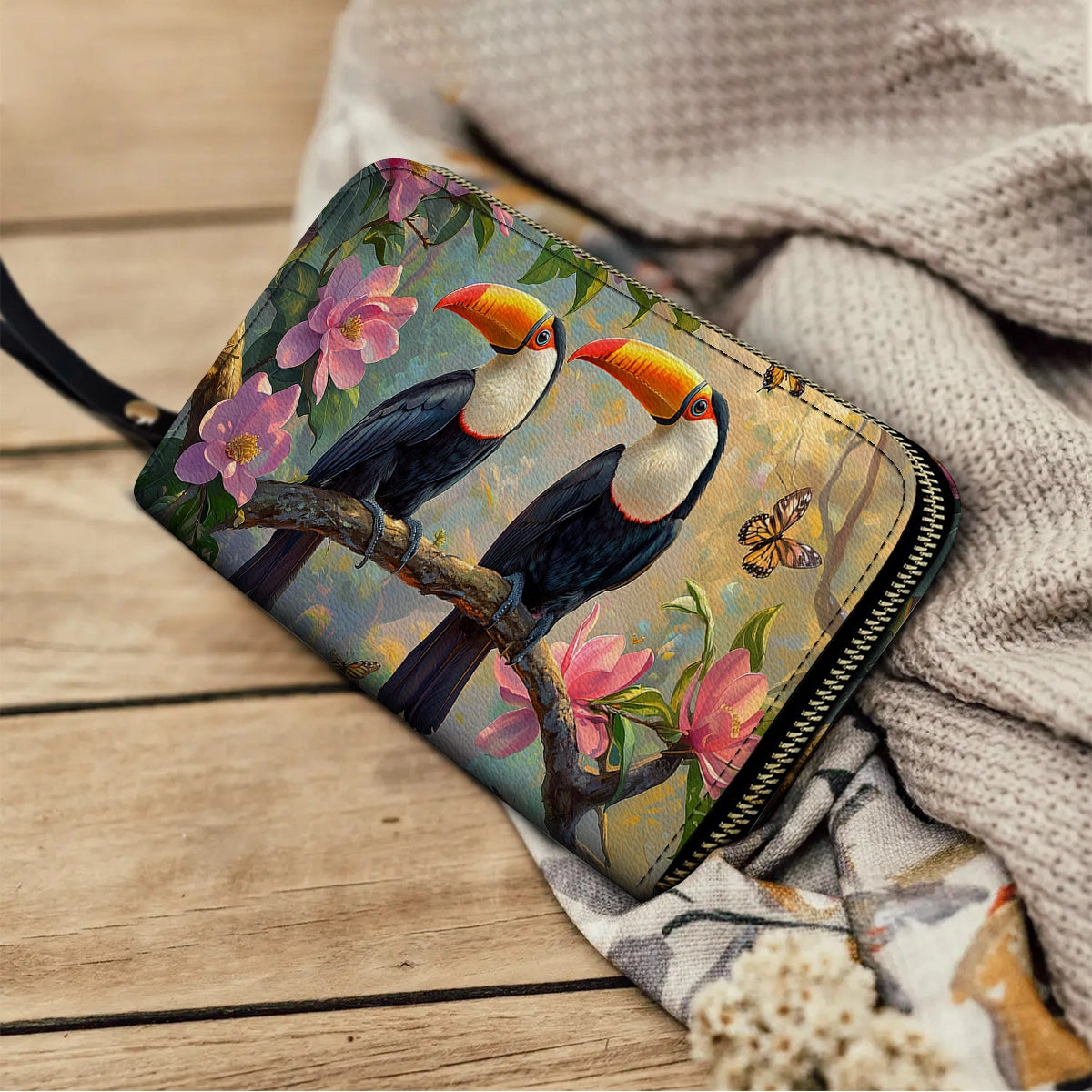 Shineful Leather Clutch Purse With Wristlet Strap Handle Tropical Toucan