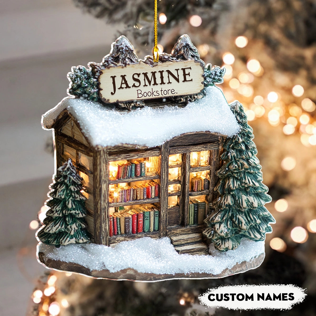 Shineful 2D Acrylic Ornament Personalized Winter Wonderland Bookstore