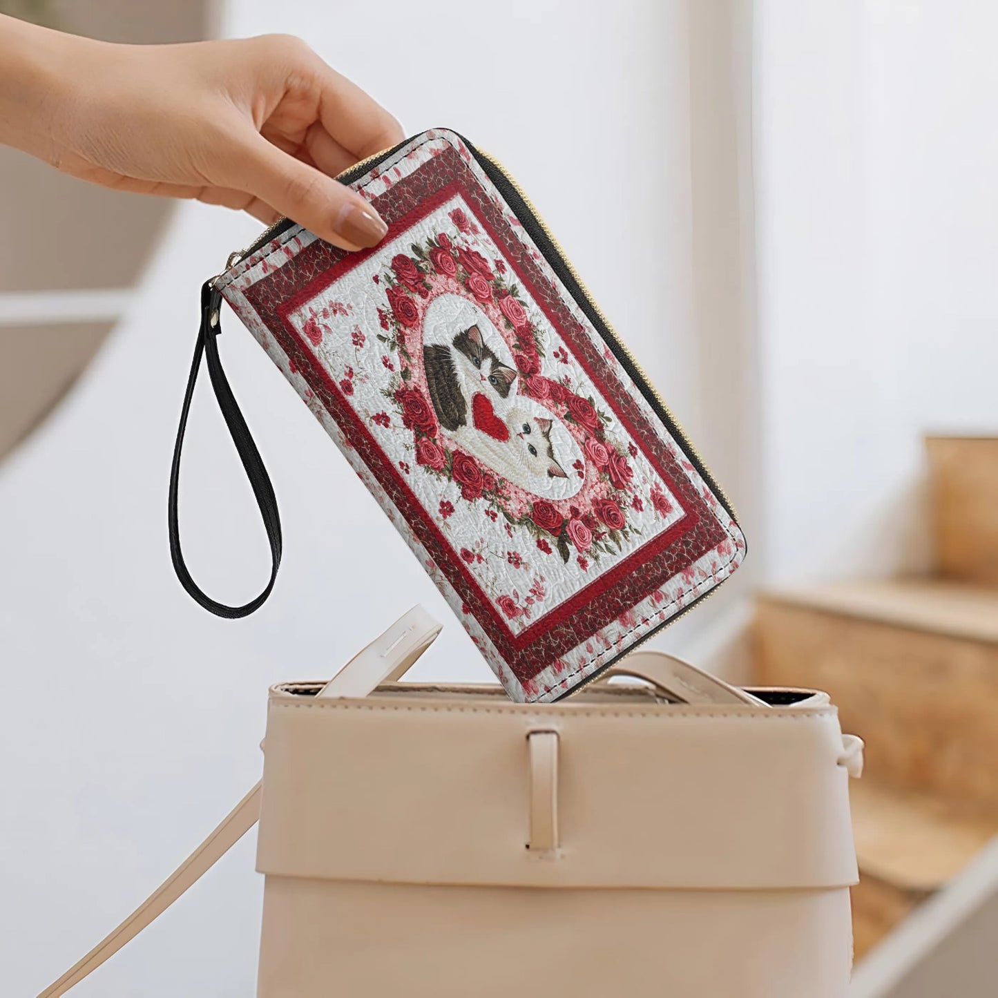 Shineful Leather Clutch Purse With Wristlet Strap Handle Feline Heart Charm