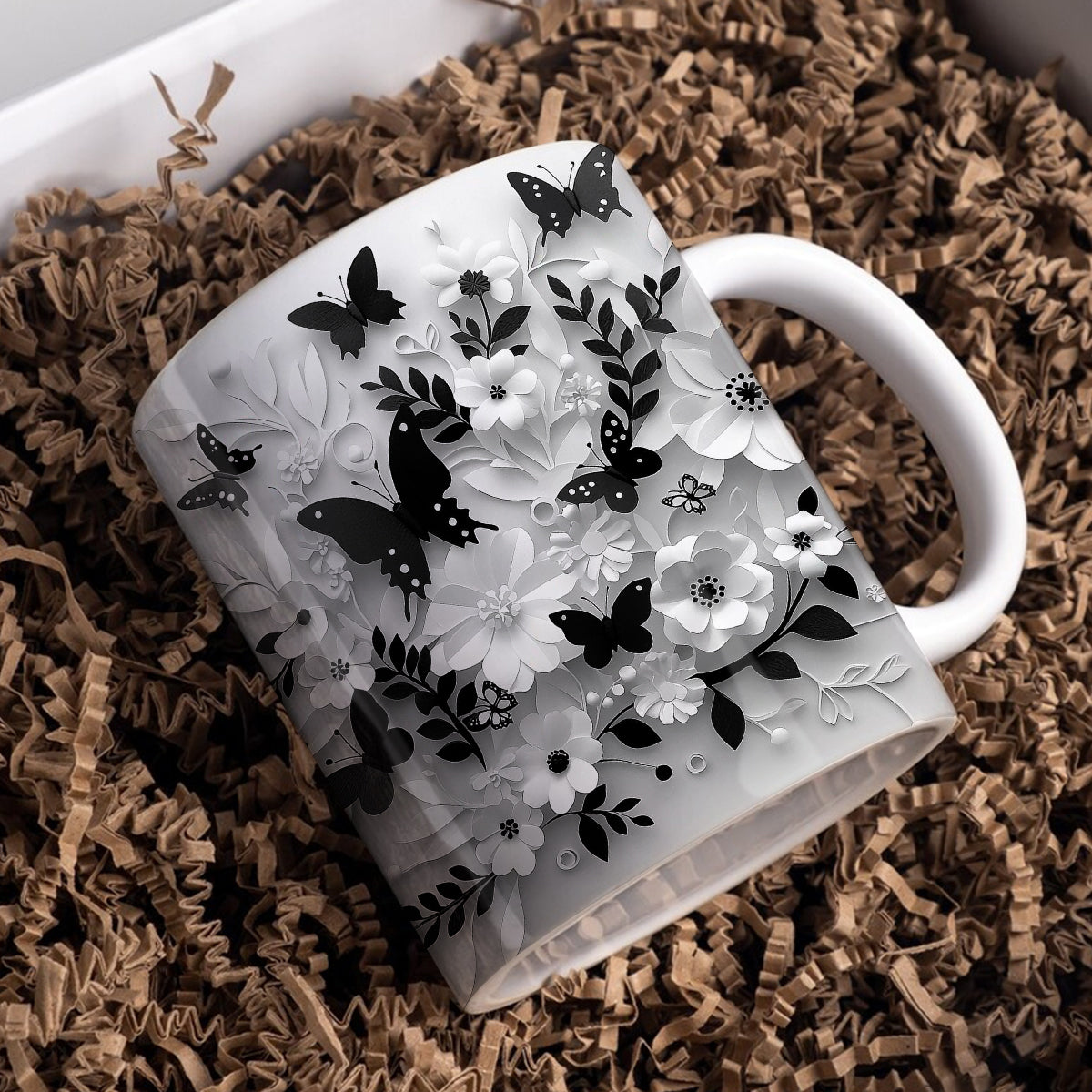 Shineful Ceramic Mug Monochrome Elegance: Floral Butterfly