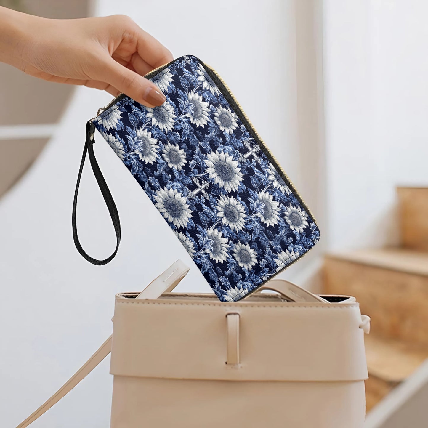 Shineful Leather Clutch Purse With Wristlet Strap Handle Midnight Blue Sunflower Cross