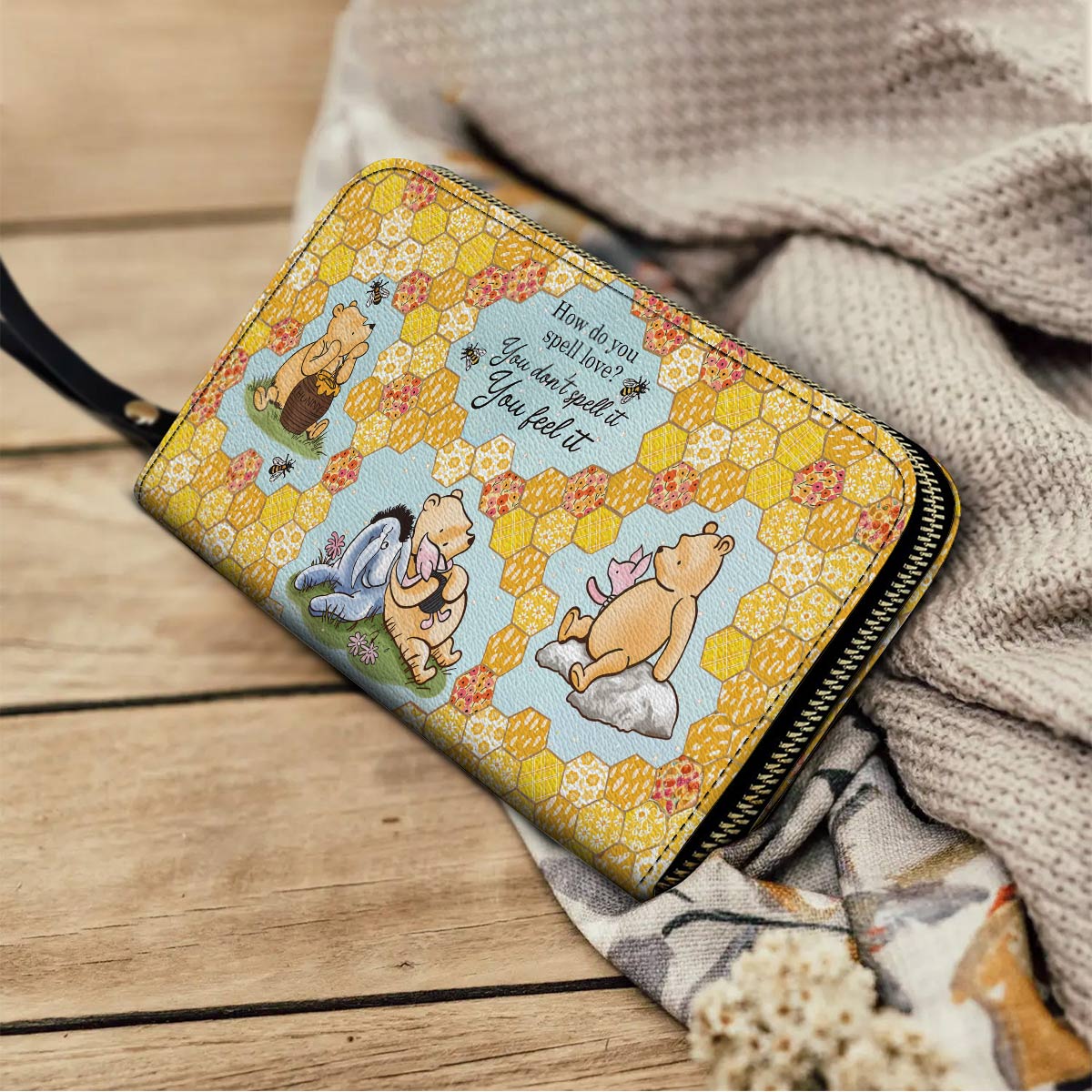 Shineful Leather Clutch Purse With Wristlet Strap Handle Pooh The Love Quote