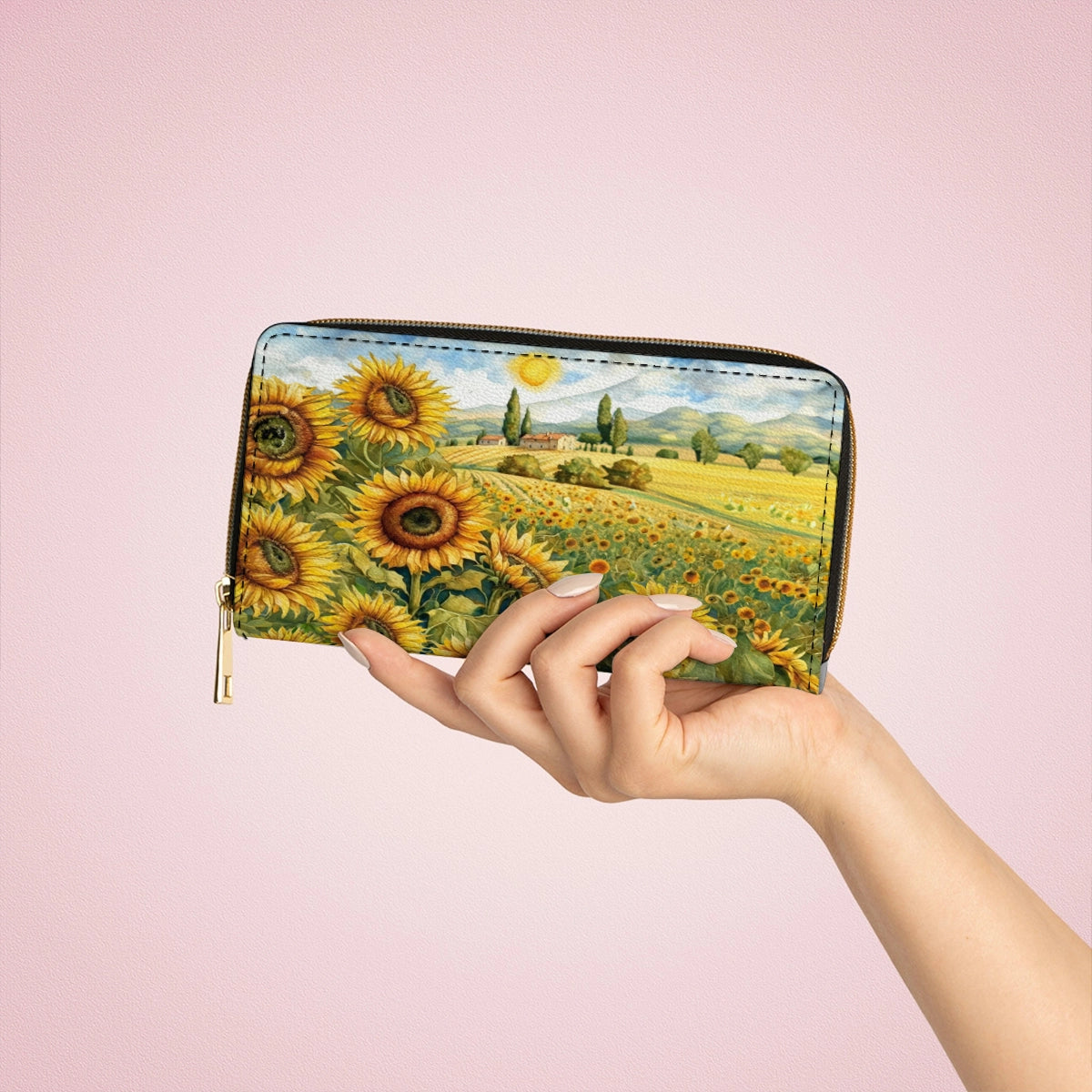 Shineful Leather Clutch Purse With Wristlet Strap Handle Sunflower Countryside Charm