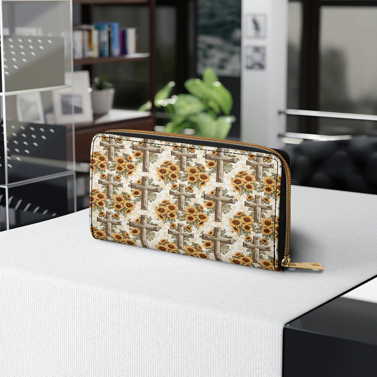 Shineful Leather Clutch Purse With Wristlet Strap Handle Rustic Sunflower Cross
