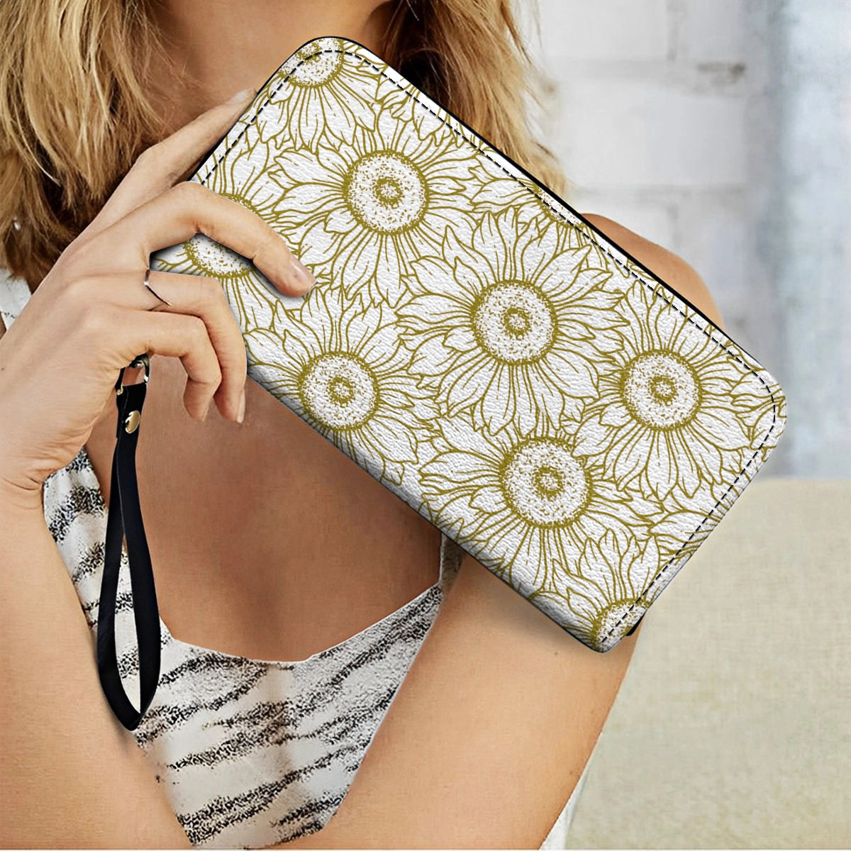 Shineful Leather Clutch Purse With Wristlet Strap Handle Golden Sunflower Grace