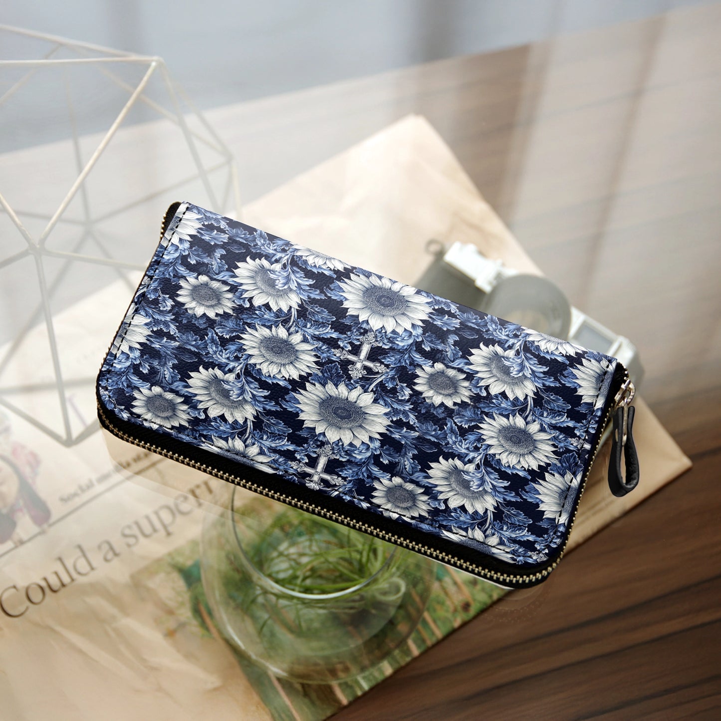 Shineful Leather Clutch Purse With Wristlet Strap Handle Midnight Blue Sunflower Cross