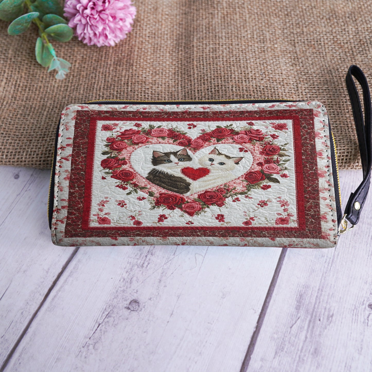 Shineful Leather Clutch Purse With Wristlet Strap Handle Feline Heart Charm