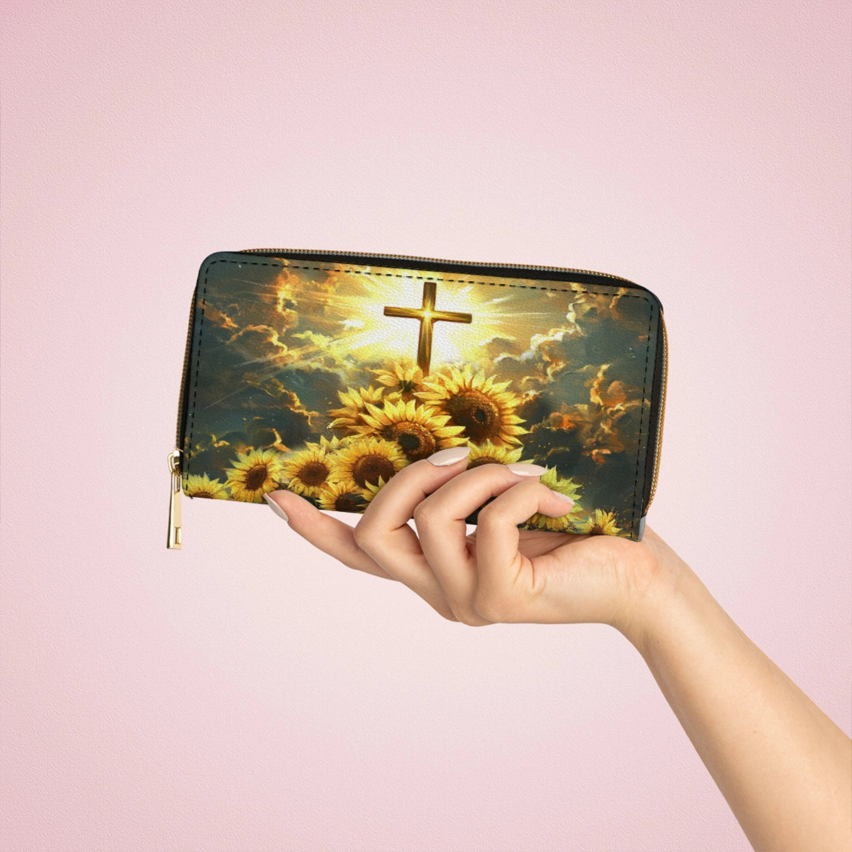 Shineful Leather Clutch Purse With Wristlet Strap Handle Sunflower Faith Light