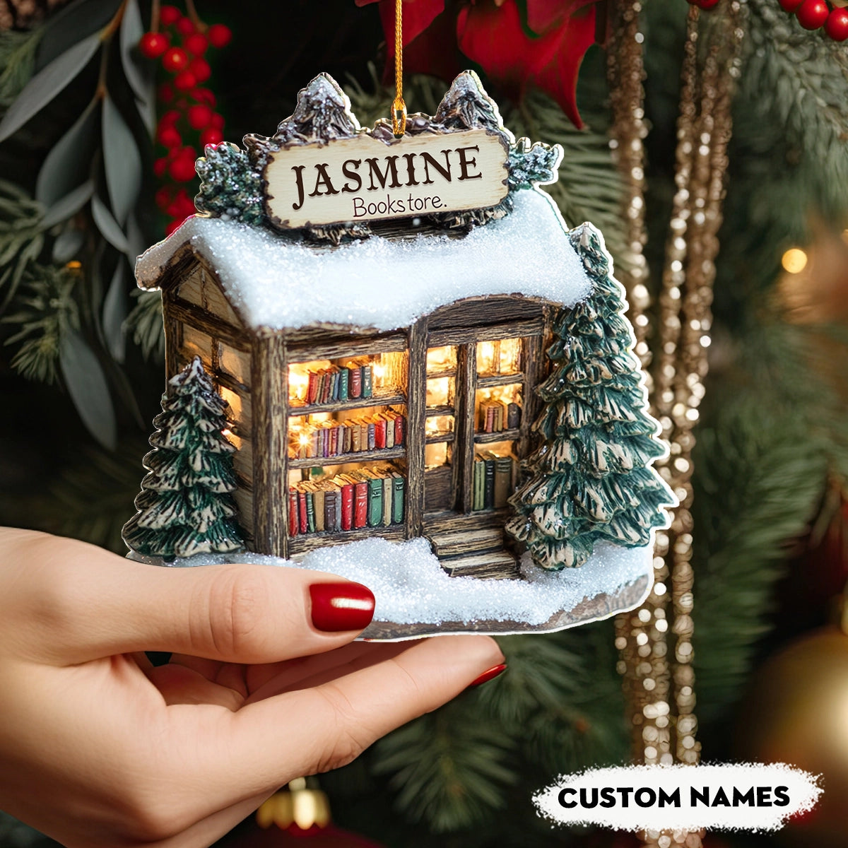 Shineful 2D Acrylic Ornament Personalized Winter Wonderland Bookstore