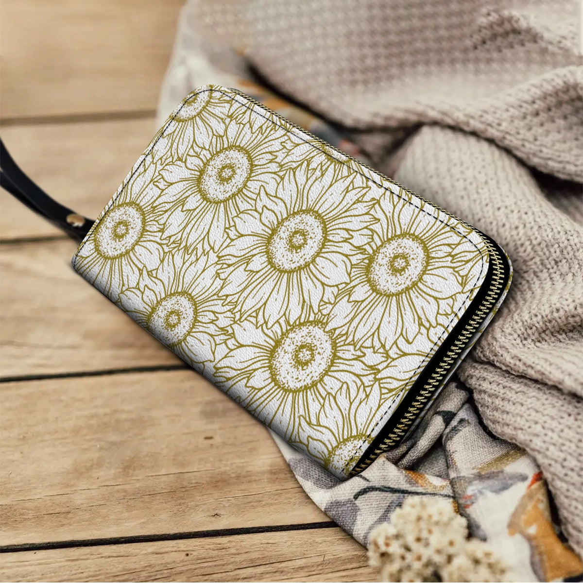 Shineful Leather Clutch Purse With Wristlet Strap Handle Golden Sunflower Grace