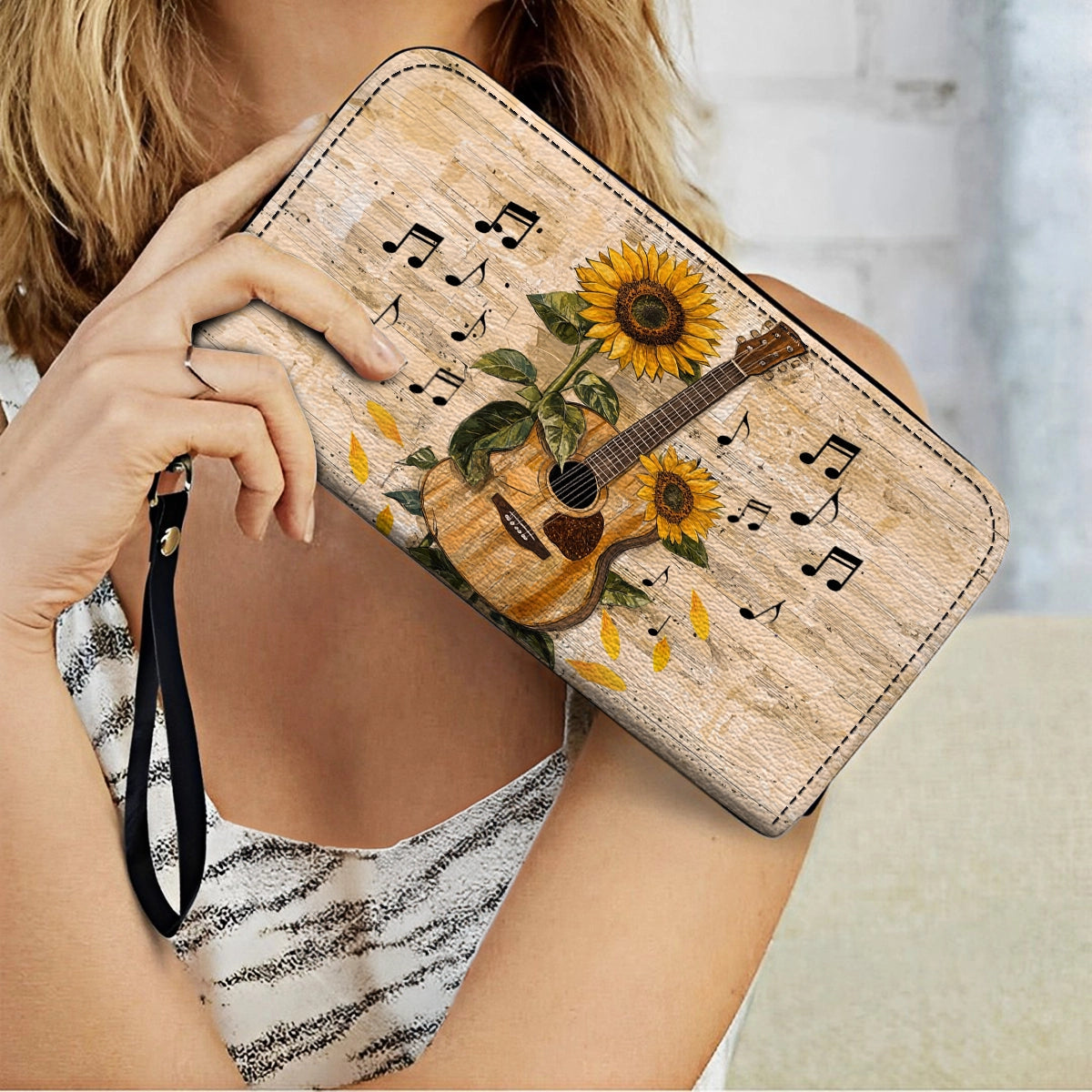 Shineful Leather Clutch Purse With Wristlet Strap Handle Sunflower Melody