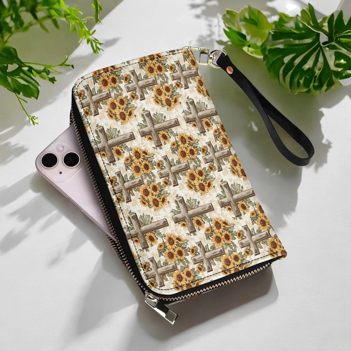 Shineful Leather Clutch Purse With Wristlet Strap Handle Rustic Sunflower Cross