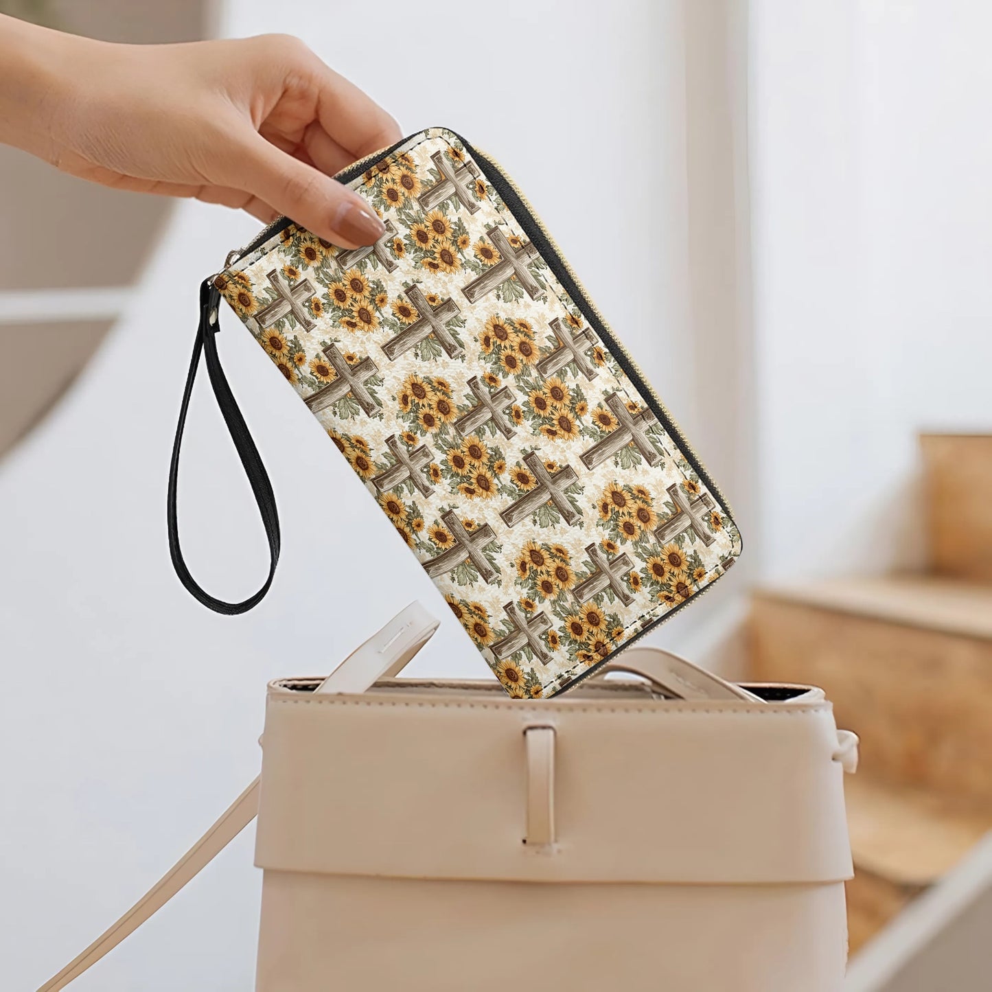 Shineful Leather Clutch Purse With Wristlet Strap Handle Rustic Sunflower Cross