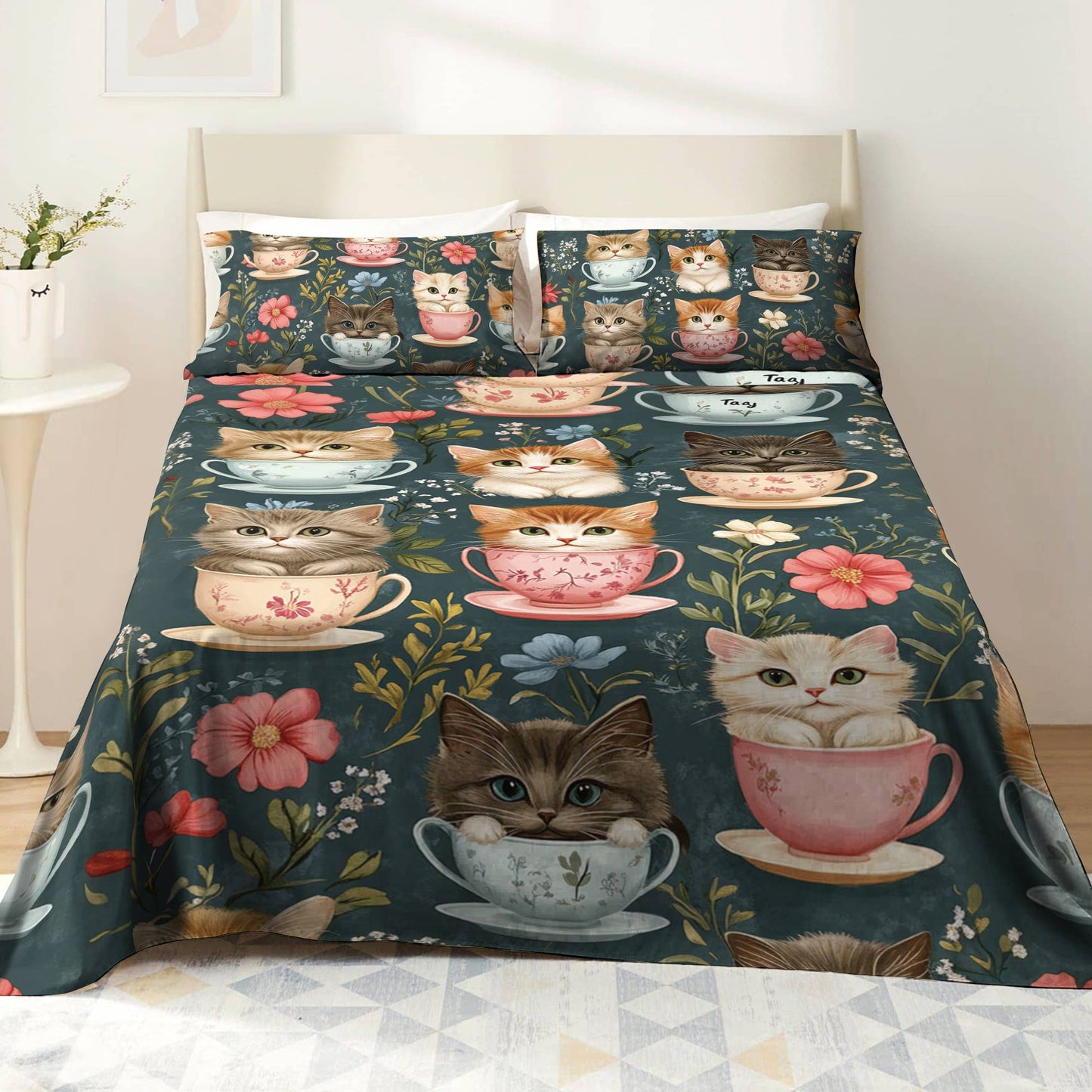 Shineful 4-Piece Bed Sheet Set Cups of Cat