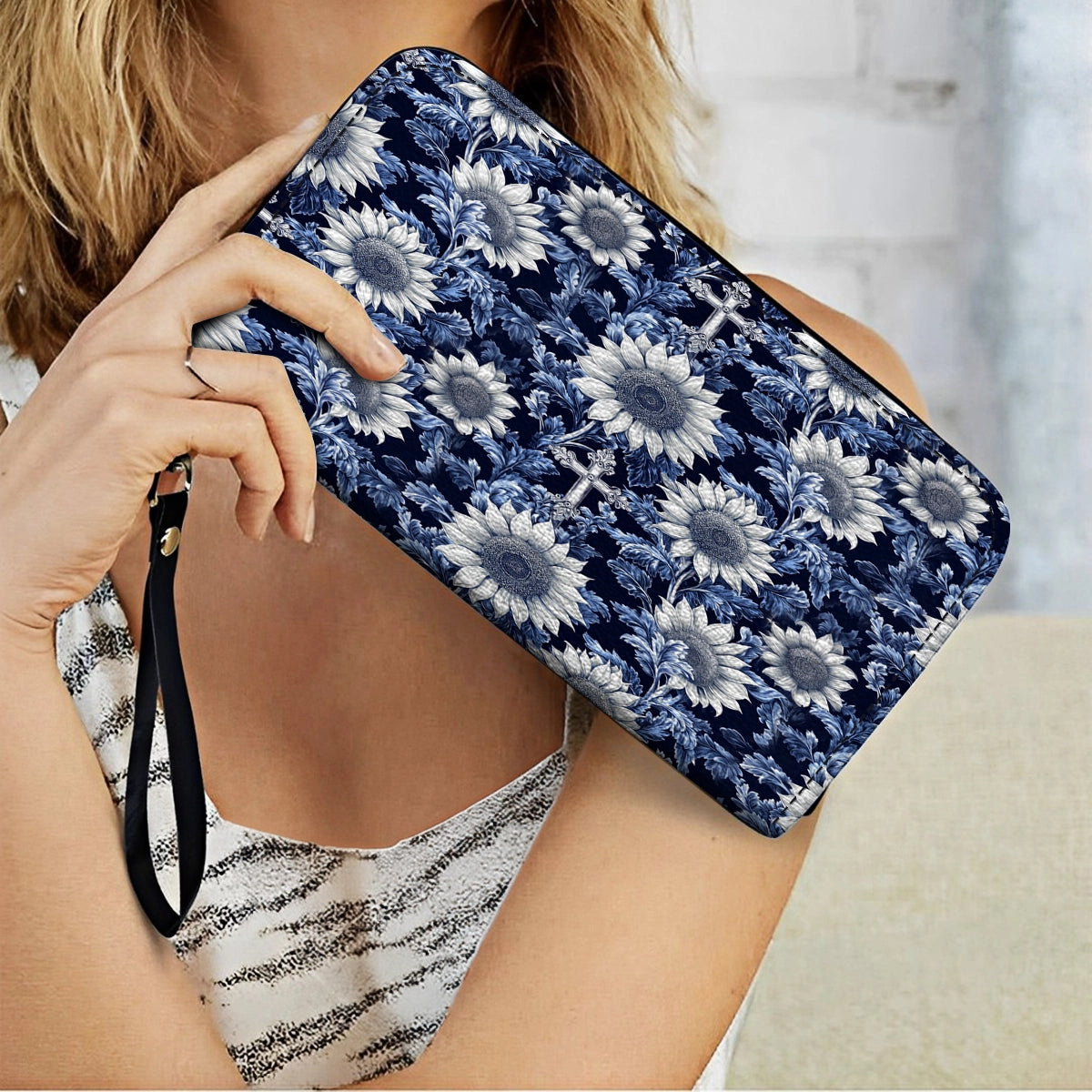 Shineful Leather Clutch Purse With Wristlet Strap Handle Midnight Blue Sunflower Cross