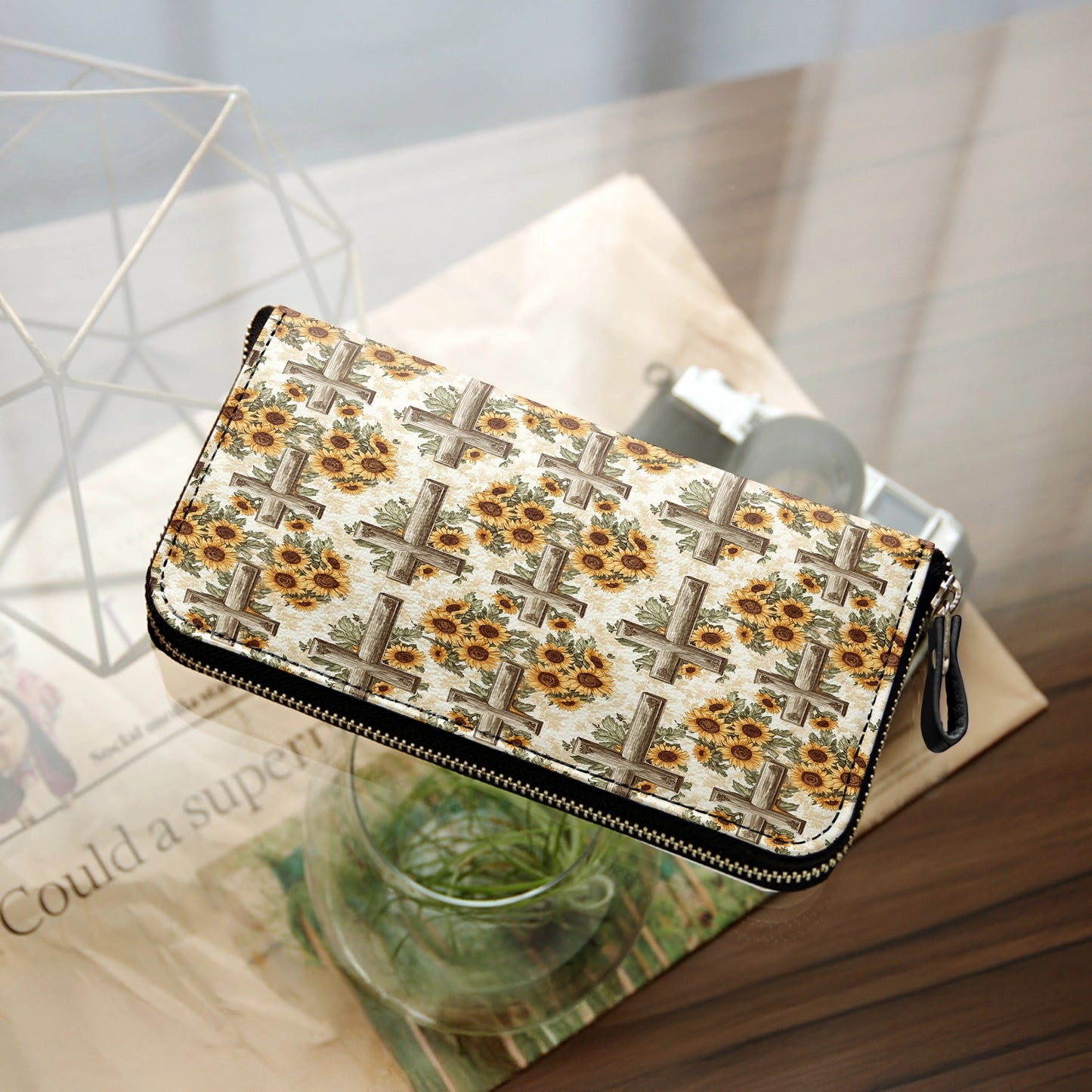 Shineful Leather Clutch Purse With Wristlet Strap Handle Rustic Sunflower Cross