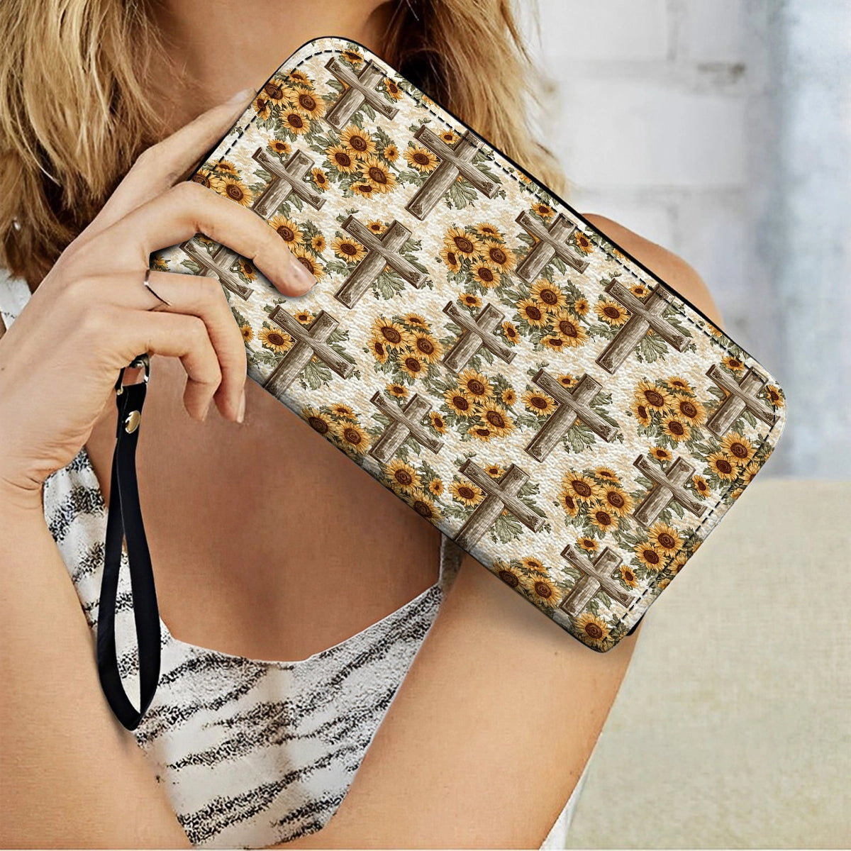 Shineful Leather Clutch Purse With Wristlet Strap Handle Rustic Sunflower Cross