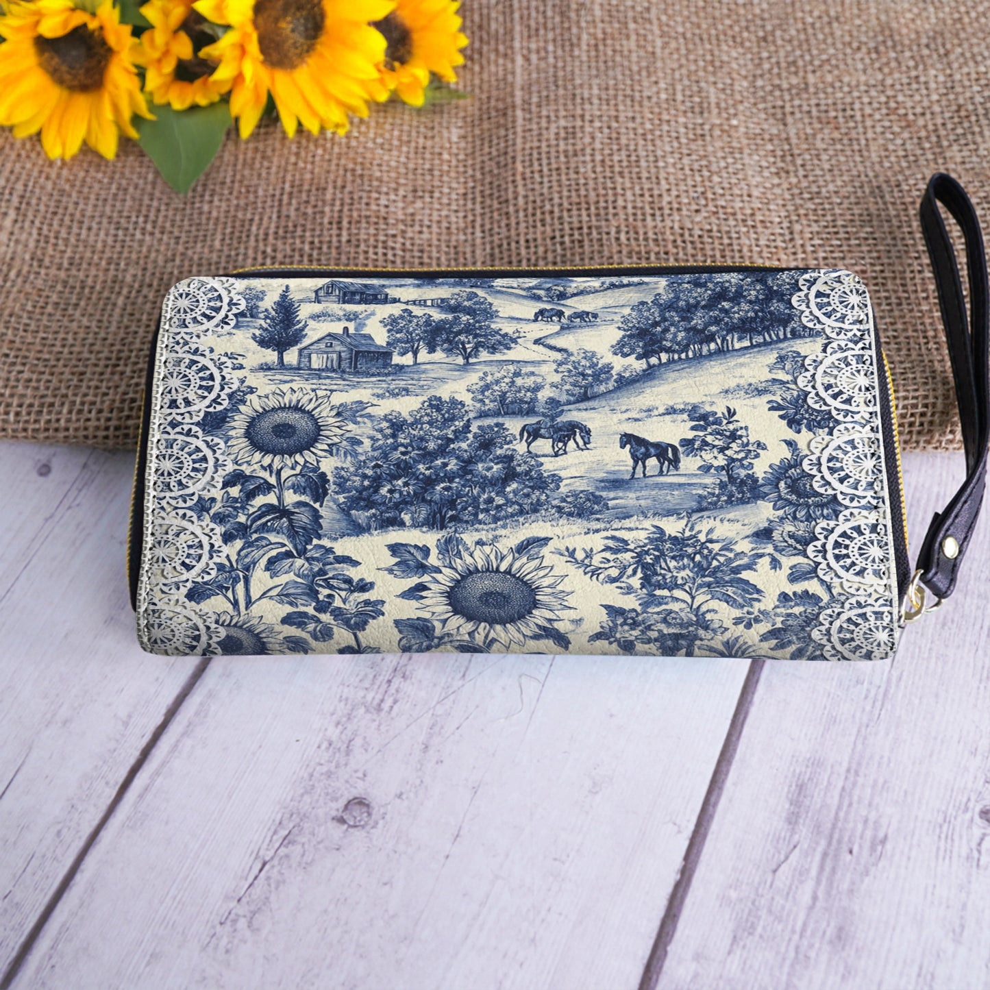 Shineful Leather Clutch Purse With Wristlet Strap Handle Texas Countryside Bloom