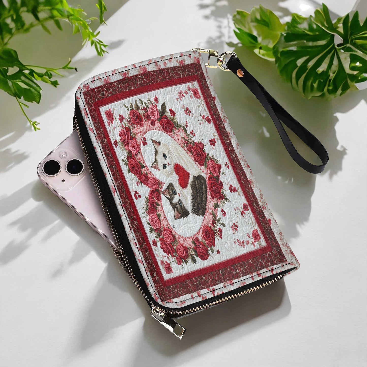 Shineful Leather Clutch Purse With Wristlet Strap Handle Feline Heart Charm