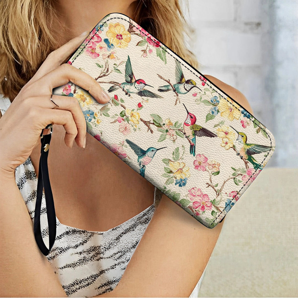 Shineful Leather Clutch Purse With Wristlet Strap Handle Hummingbird Symphony