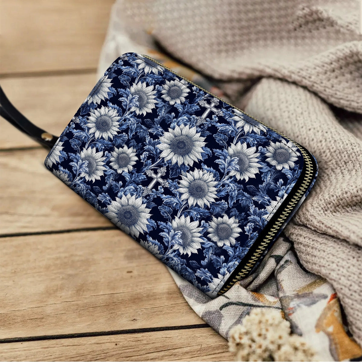 Shineful Leather Clutch Purse With Wristlet Strap Handle Midnight Blue Sunflower Cross