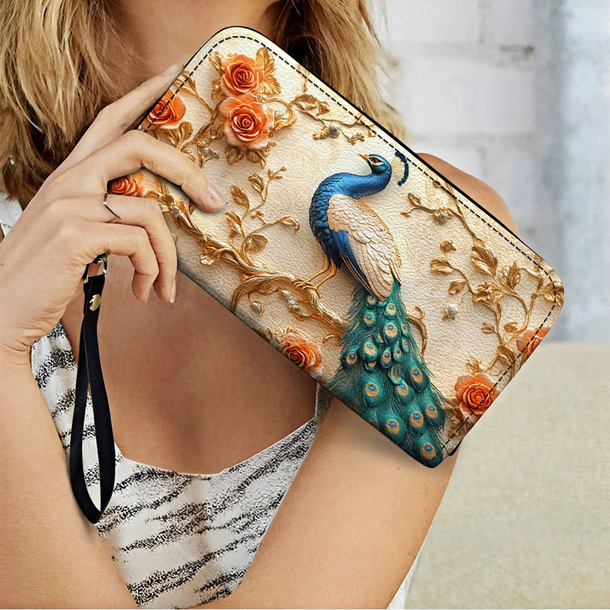 Shineful Leather Clutch Purse With Wristlet Strap Handle Majestic Peacock