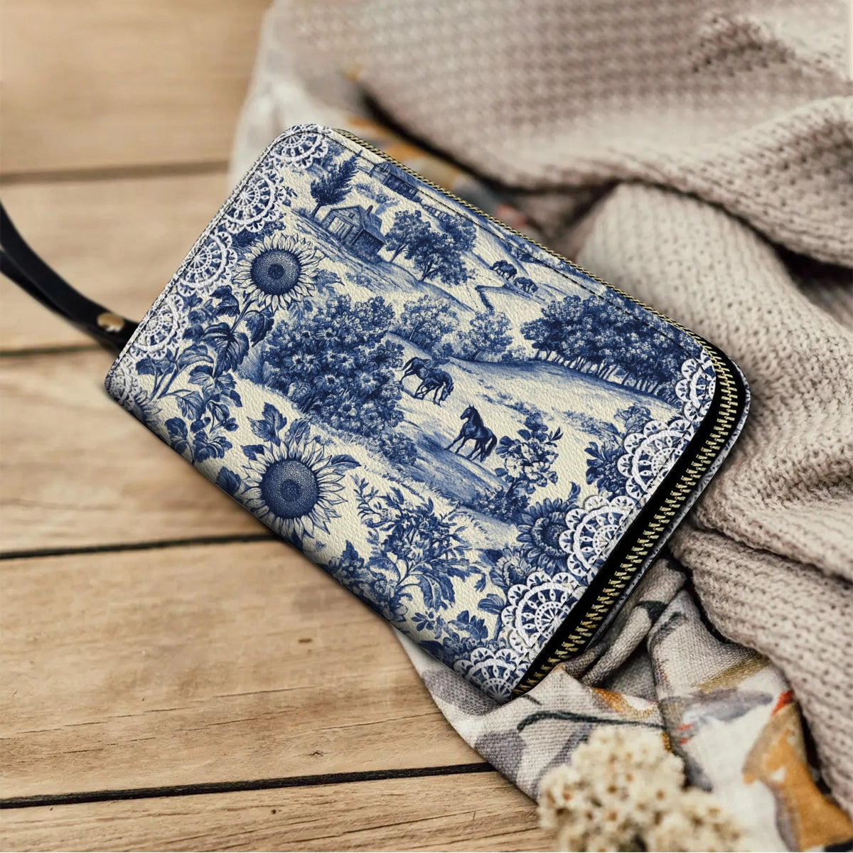 Shineful Leather Clutch Purse With Wristlet Strap Handle Texas Countryside Bloom