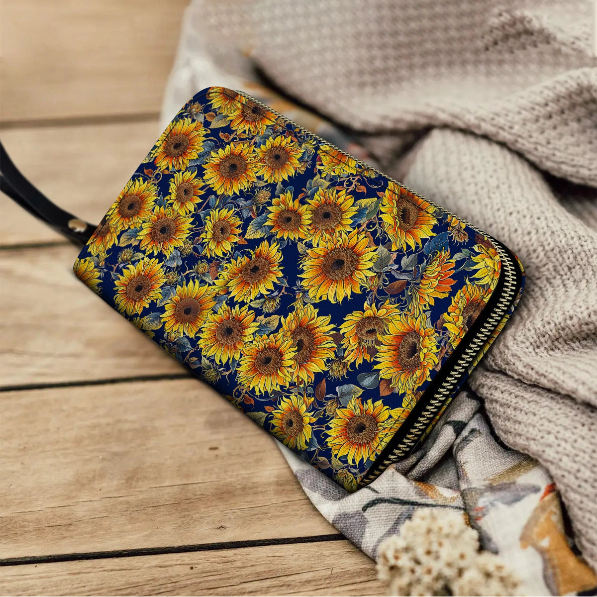 Shineful Leather Clutch Purse With Wristlet Strap Handle Sunflower Gorgeous Flower
