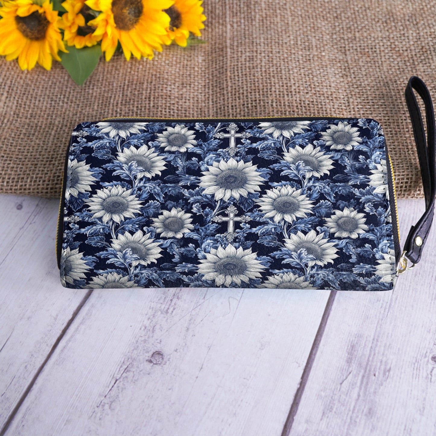 Shineful Leather Clutch Purse With Wristlet Strap Handle Midnight Blue Sunflower Cross