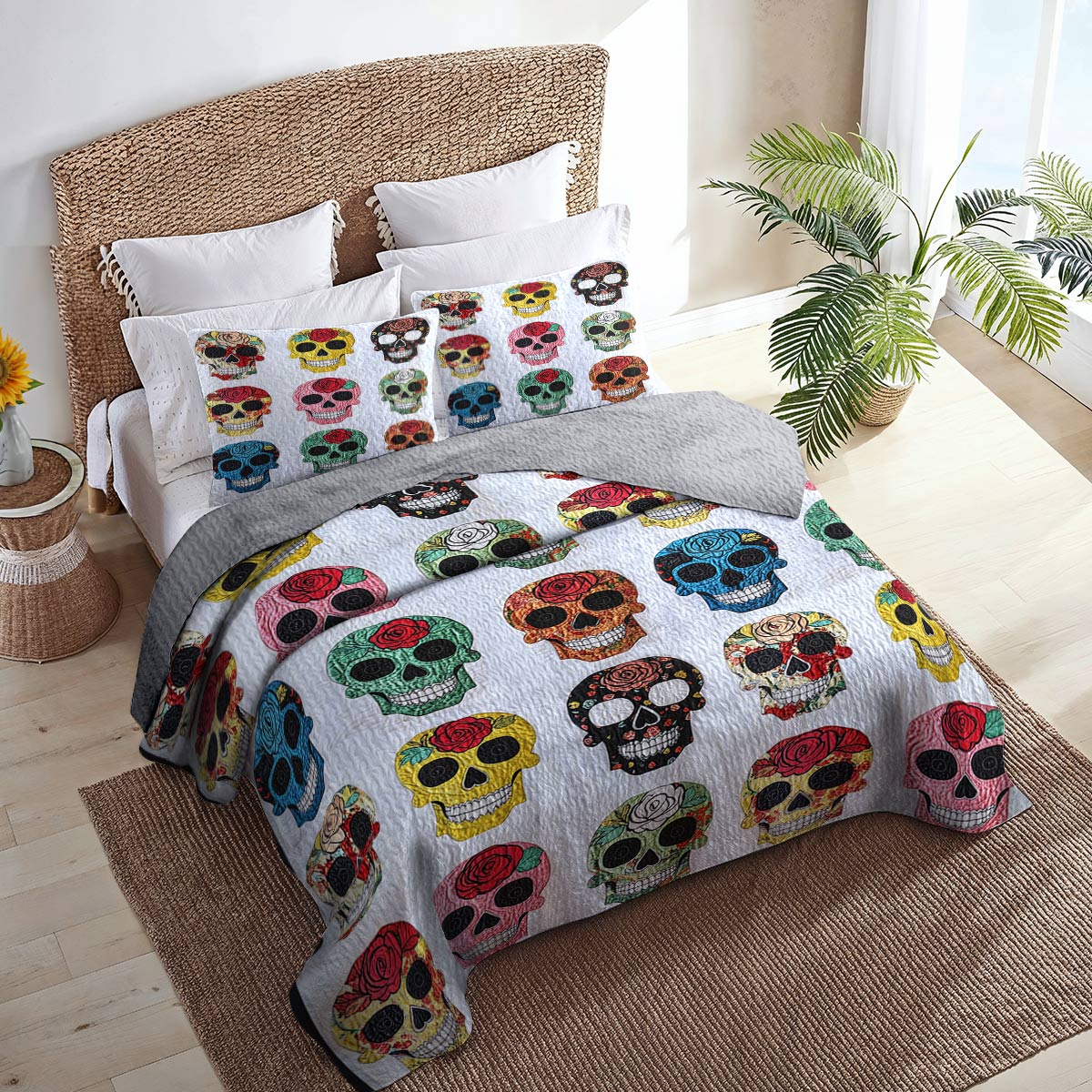 Shineful All Season Quilt 3-Piece Set Colorful Sugar Skull Roses