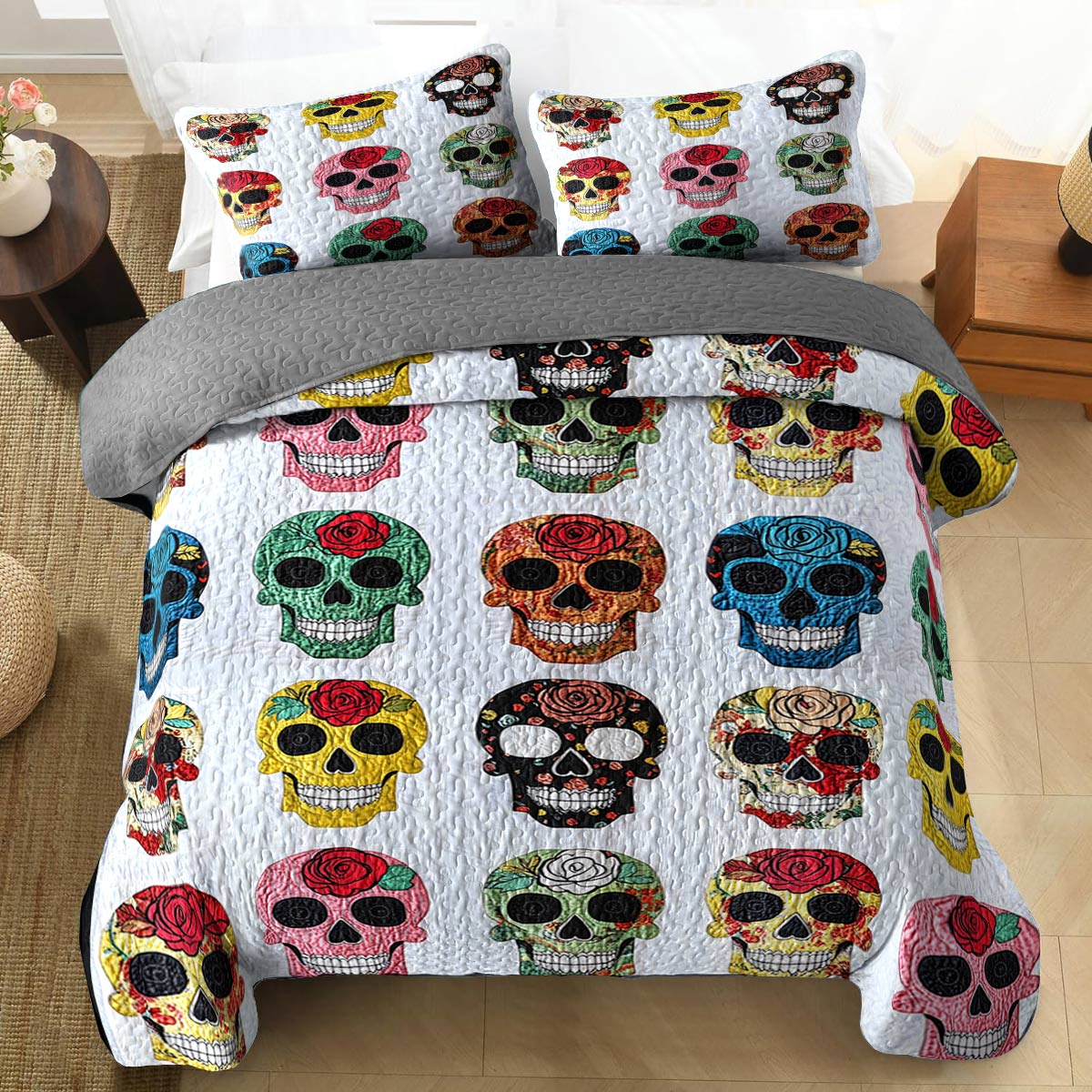 Shineful All Season Quilt 3-Piece Set Colorful Sugar Skull Roses