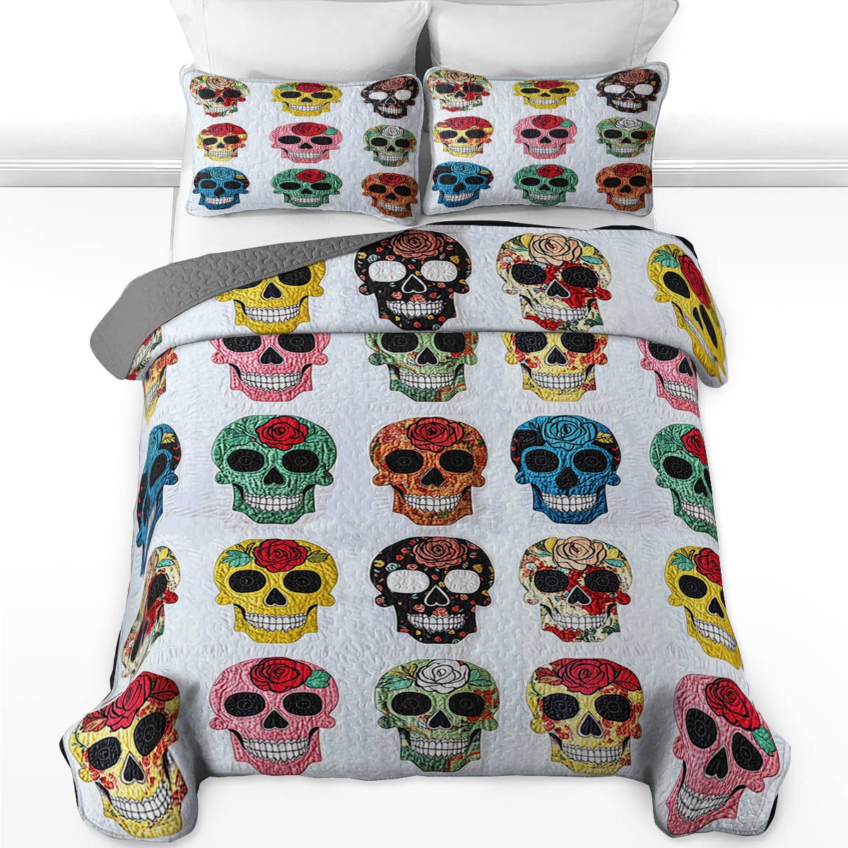 Shineful All Season Quilt 3-Piece Set Colorful Sugar Skull Roses