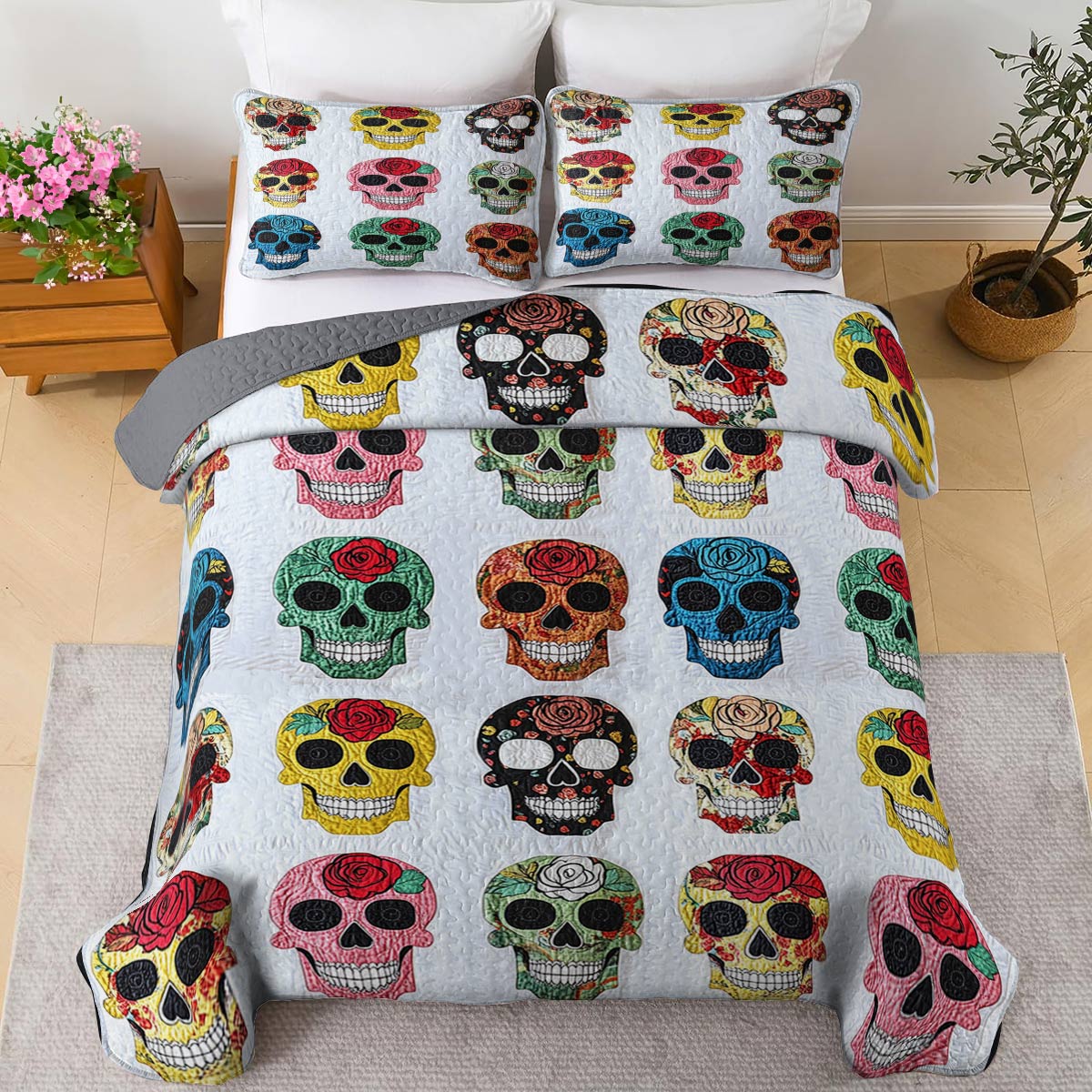 Shineful All Season Quilt 3-Piece Set Colorful Sugar Skull Roses
