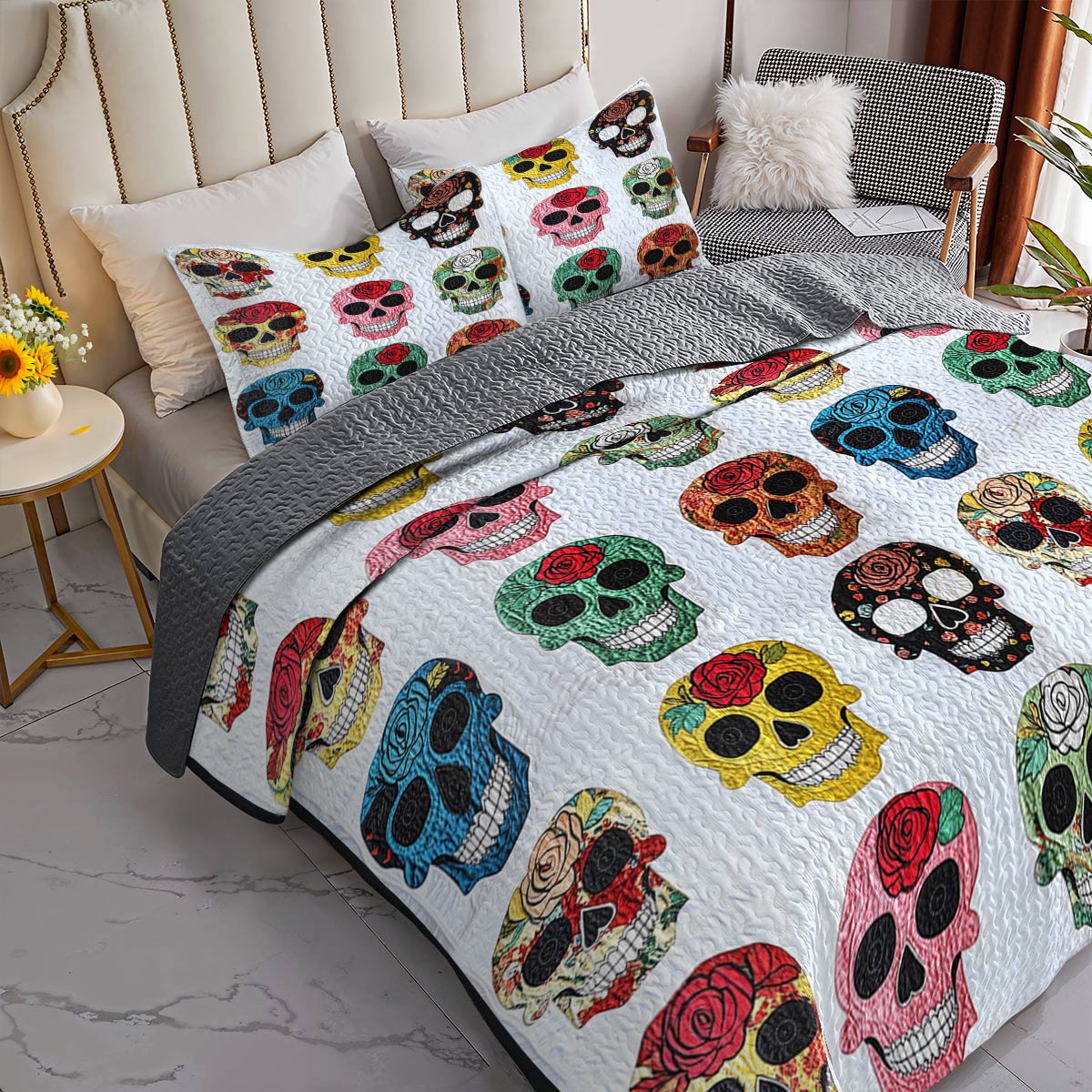 Shineful All Season Quilt 3-Piece Set Colorful Sugar Skull Roses