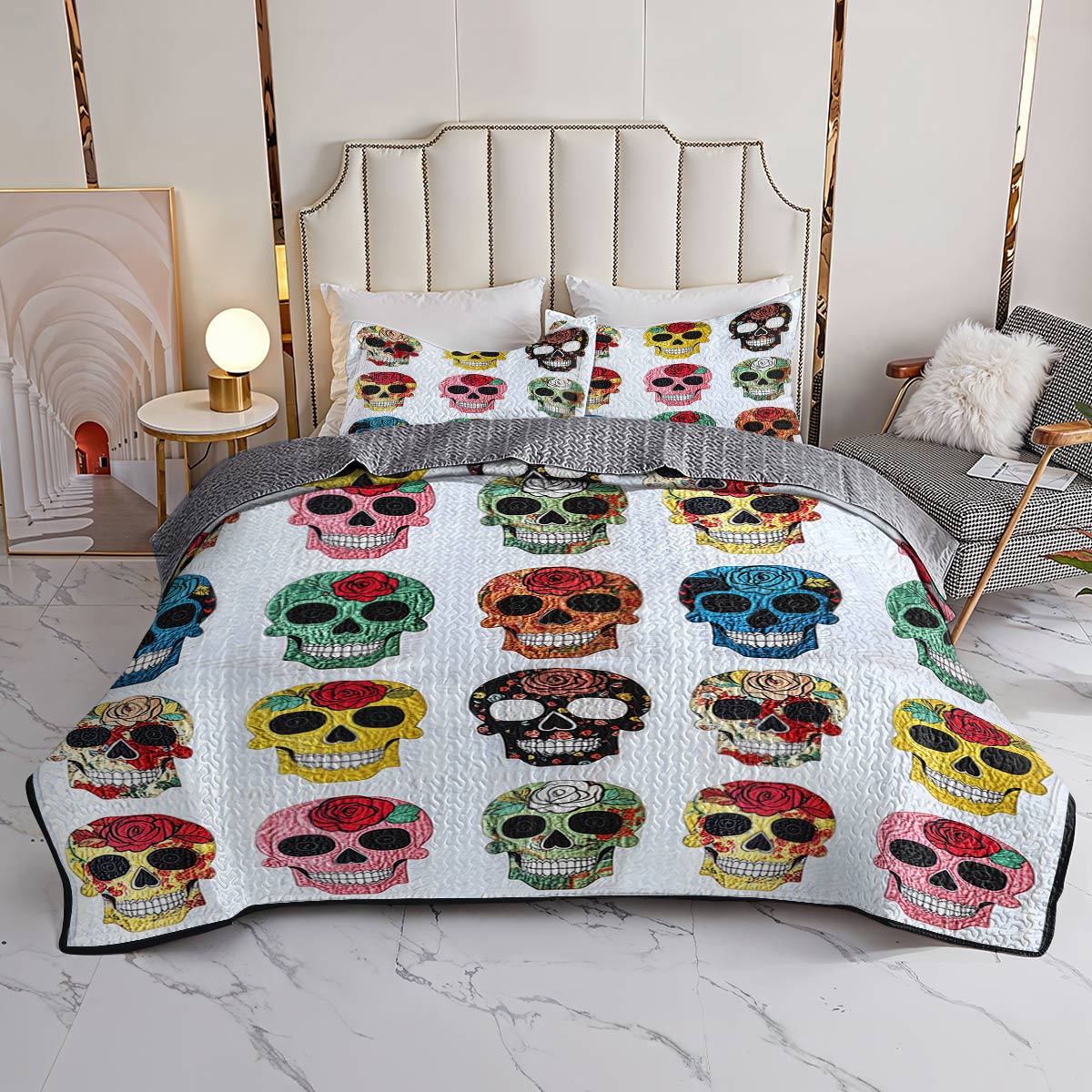Shineful All Season Quilt 3-Piece Set Colorful Sugar Skull Roses