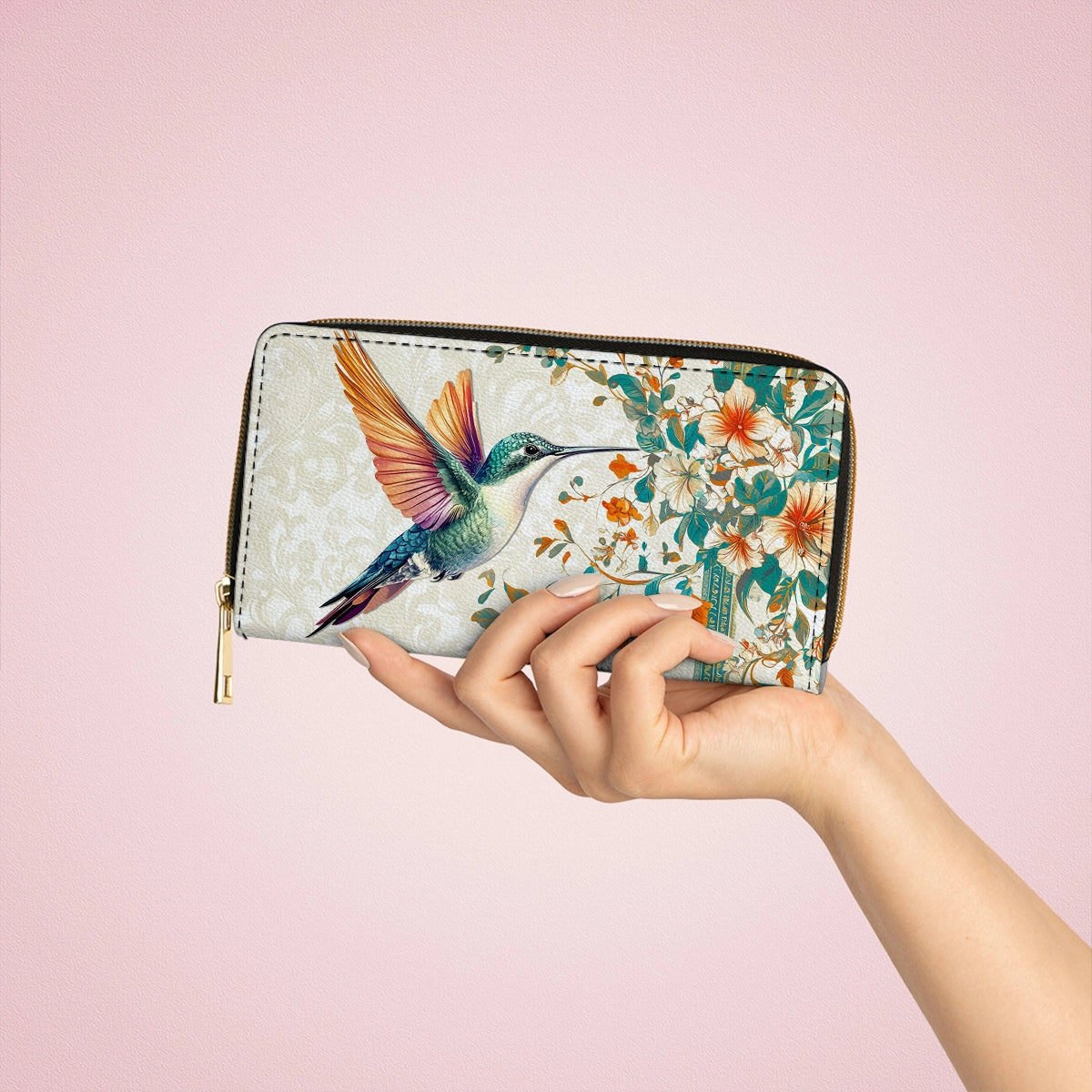 Shineful Leather Clutch Purse With Wristlet Strap Handle Hummingbird Harmony